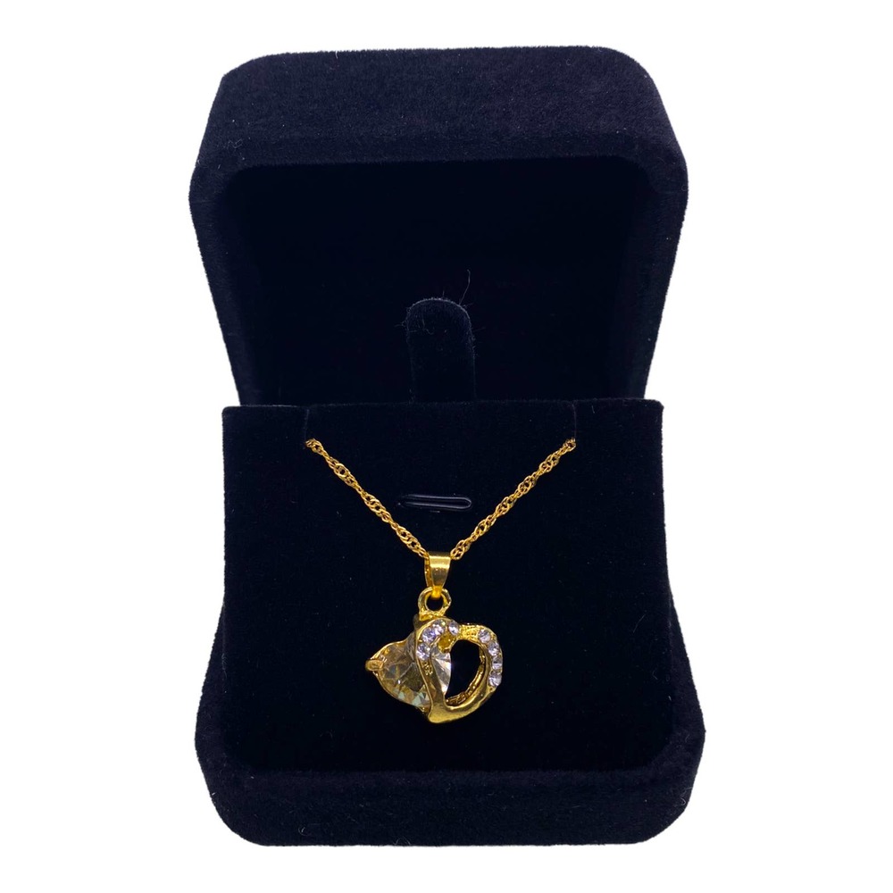 Imitation Yellow Gold WHITE Rhinestone Double Heart Necklace Gift Box